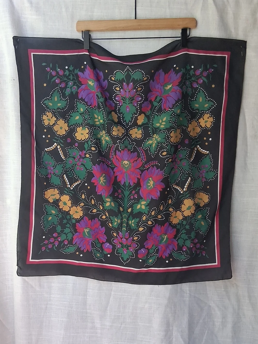 Vintage Gorgeous Floral Print Over Black Square Scarf